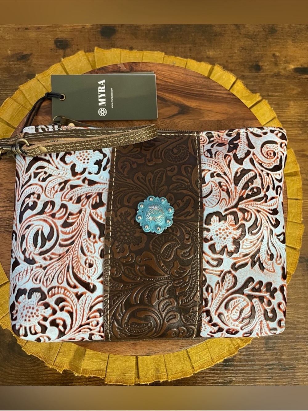Myra Wristlet Hand-Tooled Floral Crossbody Bag in Brown and Light Blue